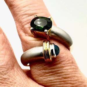 Artisan Green Amethyst Blue Topaz Sterling Silver Gold Accent Ring Size 6